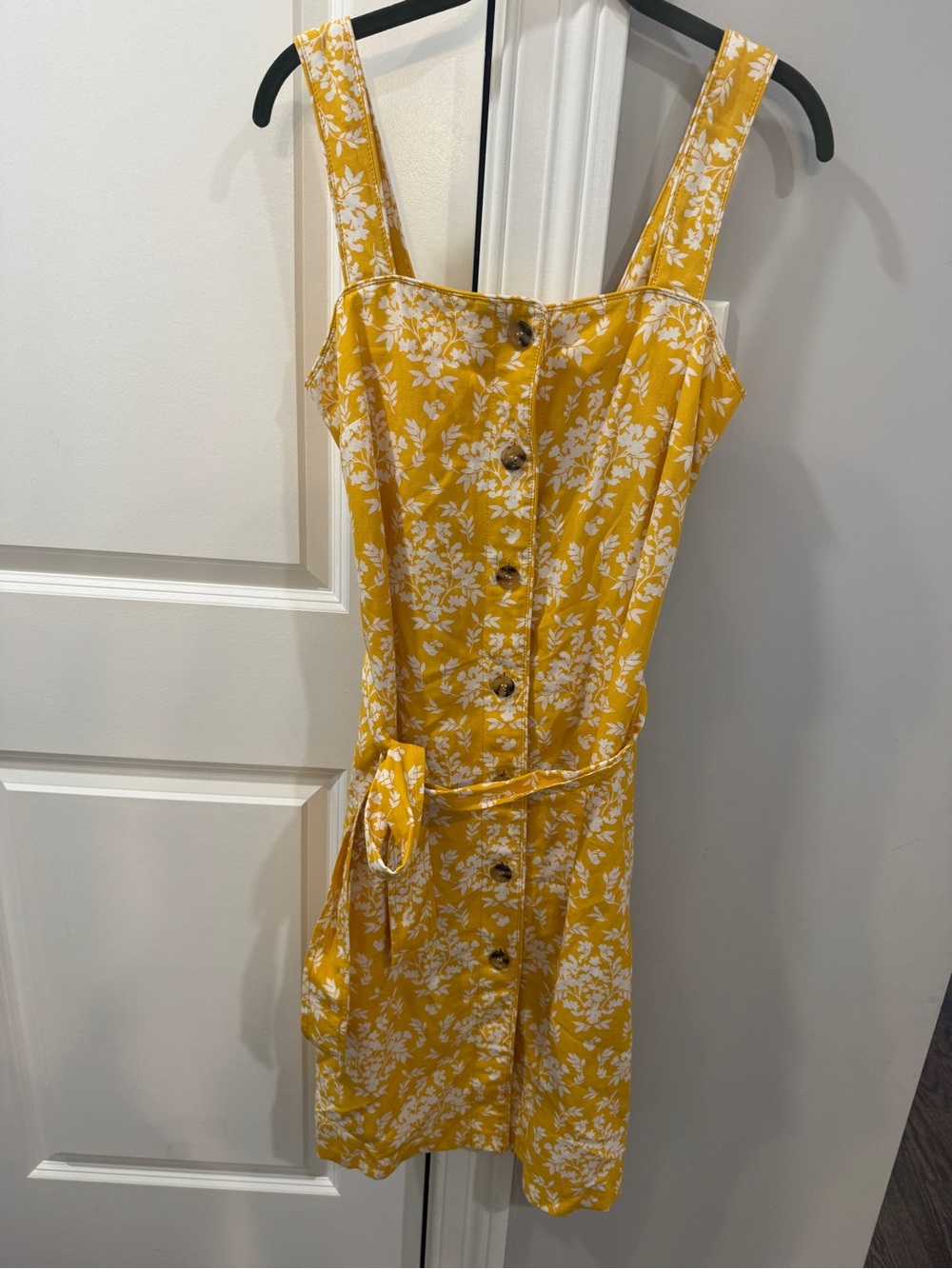 Ann Taylor Belted Yellow Floral Front Button Dress (4) - Picture 3 of 7
